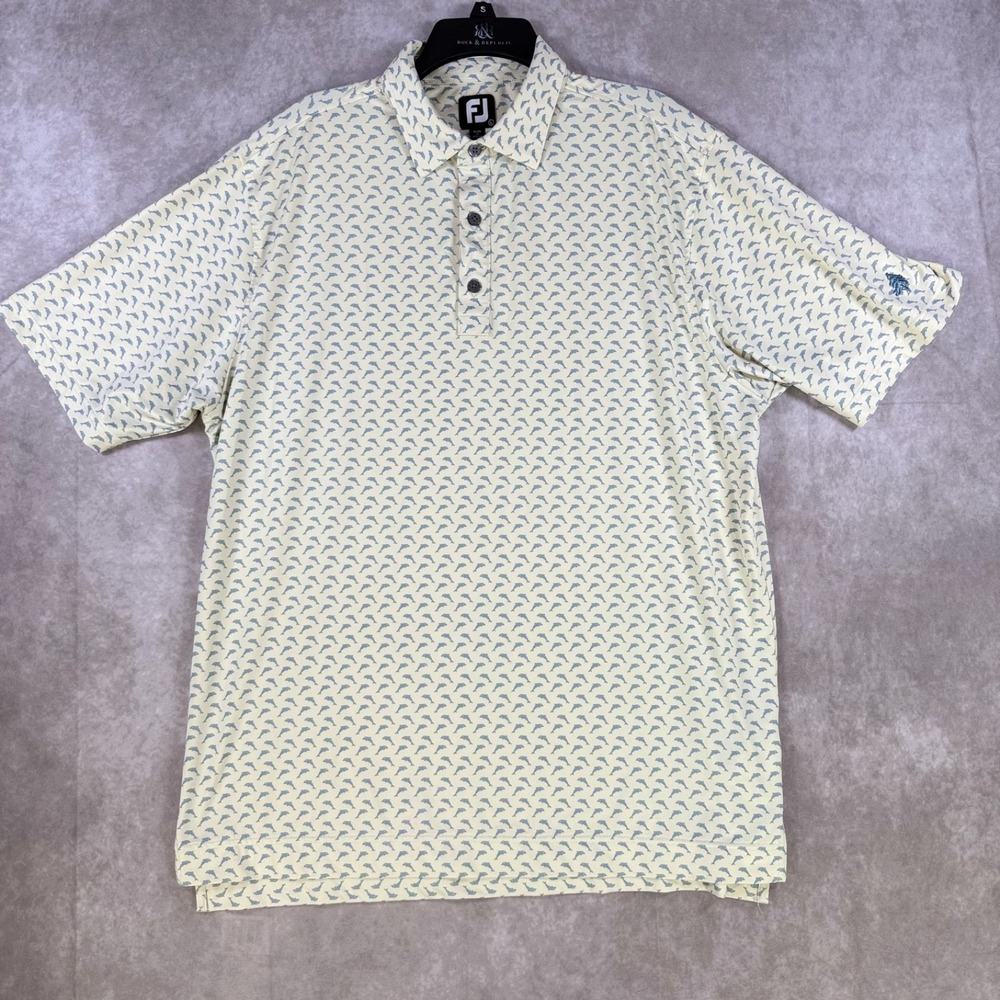 FootJoy Shirt‎ Men Large Cream Blue Dolphins AOP Golf Polo Performance Logo